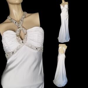 Y2K Gigi Halter Dress White Beaded Front X Back Prom Wedding Dress HOCO size 0